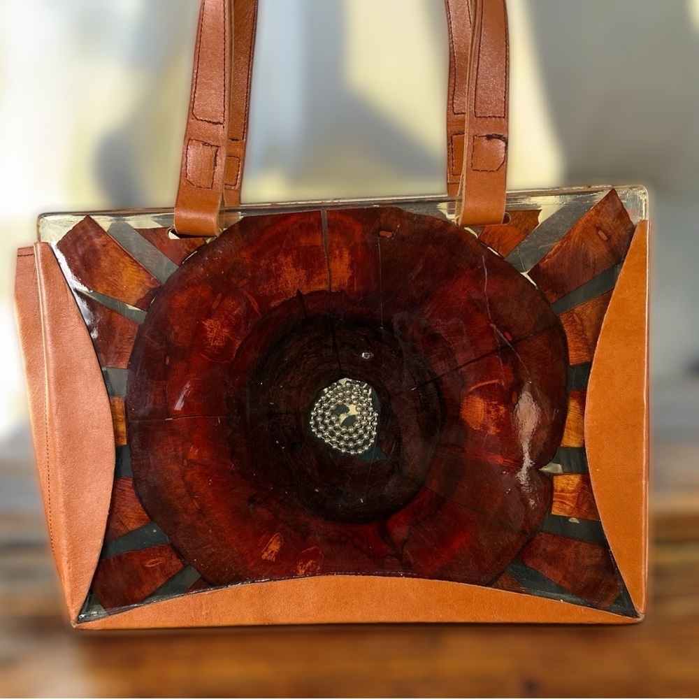 Handmade Brown Leather & Resin Wooden Sunflower Cottage-core Tote Bag